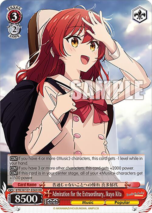 Bushiroad trading card featuring "Admiration for the Extraordinary, Ikuyo Kita (BTR/W107-E069 RR) [BOCCHI THE ROCK!]", depicting a red-haired anime character with cat ears and a school uniform from BOCCHI THE ROCK, smiling and shading her eyes from the sun. The background has a sky with clouds. Text and stats cover the bottom half of the card, including labels like "Card Name" and "8500 POWER." The word "SAMPLE" is overlaid.