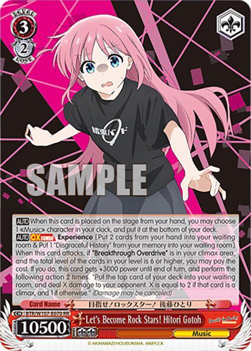 A card from the trading card game, "Bocchi the Rock," features a double rare music character with pink hair, wearing a black T-shirt and black pants. The background is a dynamic mix of black and pink with various designs. The text includes the card's stats, abilities, and the character's name, "Let's Become Rock Stars! Hitori Gotoh (BTR/W107-E070 RR) [BOCCHI THE ROCK!]" by Bushiroad.