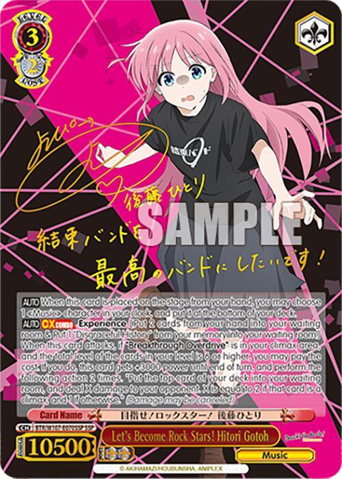 A Super Special Rare trading card from Bushiroad features a pink-haired anime girl holding a microphone. She wears a black and white school uniform with a red necktie. The card, titled "Let's Become Rock Stars! Hitori Gotoh (BTR/W107-E070SSP SSP) [BOCCHI THE ROCK!]," showcases stats and skills below. The pink background is adorned with musical notes and signature graphics from BOCCHI THE ROCK!
