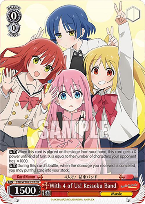 A *With 4 of Us! Kessoku Band (BTR/W107-E072 R) [BOCCHI THE ROCK!]* by *Bushiroad* features four anime girls from the "Kessoku Band" in "BOCCHI THE ROCK!" The girl in the front with pink hair and blue eyes holds the suit's symbol and number 0/0. Above are text instructions for the card's use in a game. Background consists of shades of yellow, highlighting its Music Traits.