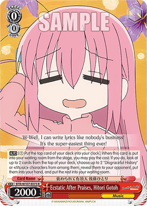 A rare character card featuring Ecstatic After Praises, Hitori Gotoh (BTR/W107-E073 R) [BOCCHI THE ROCK!] from Bushiroad showcases an anime character with long pink hair, blushing and smiling with eyes closed. She wears a pink sweater and holds a hand to her cheek. The title reads "Ecstatic After Praises, Hitori Gotoh." Text below adds gameplay details; the card value is "2000.