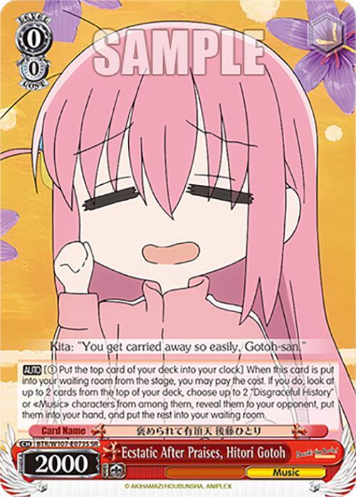 A super rare collectible card featuring Hitori Gotoh from BOCCHI THE ROCK! shows an anime character with long pink hair, closed eyes, and a content smile. She wears a long-sleeved pink shirt. Named "Ecstatic After Praises, Hitori Gotoh (BTR/W107-E073S SR) [BOCCHI THE ROCK!]," the card includes music-themed game stats and descriptions in English and Japanese on a decorative background with purple flowers by Bushiroad.