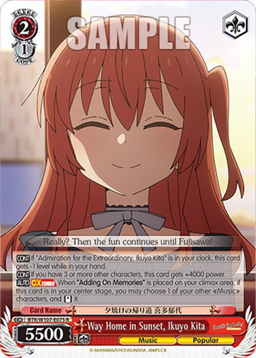 A rare character card featuring Way Home in Sunset, Ikuyo Kita (BTR/W107-E075 R) [BOCCHI THE ROCK!] from Bushiroad showcases her long, red hair styled with bangs and a gentle smile with closed eyes. She wears a white shirt with a red bow at the collar. The card details her stats, abilities, and unique music traits.