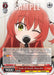 A trading card features a close-up illustration of a red-haired, music character with cat ears, winking and singing into a microphone. Text overlays and icons indicate game mechanics and the character's stats. The card is titled "Stroke of Growth, Ikuyo Kita (BTR/W107-E076S SR) [BOCCHI THE ROCK!]," from Bushiroad, and has colorful, detailed design elements.