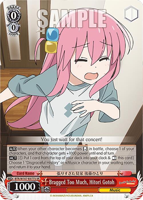 A pink-haired anime girl with a distressed expression stands indoors, holding a piece of paper. A white-sleeved hand is reaching towards her from the right. The image is a collectible card from *BOCCHI THE ROCK!* with various symbols and text in a grey border at the bottom. This Super Rare card is named 