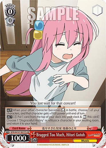 A pink-haired anime girl with a distressed expression stands indoors, holding a piece of paper. A white-sleeved hand is reaching towards her from the right. The image is a collectible card from *BOCCHI THE ROCK!* with various symbols and text in a grey border at the bottom. This Super Rare card is named "Bragged Too Much, Hitori Gotoh (BTR/W107-E077S SR) [BOCCHI THE ROCK!]" by Bushiroad.