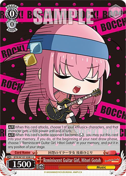 A trading card shows a chibi-style girl with pink hair and a blue headband, reminiscent of Bocchi The Rock. She's playing a black electric guitar, eyes closed and mouth open as if singing. The red background features "BOCCHI ROCK!!!" repeatedly in black letters. The music character card includes game stats and text. This is the Reminiscent Guitar Girl, Hitori Gotoh (BTR/W107-E081 U) [BOCCHI THE ROCK!] by Bushiroad.