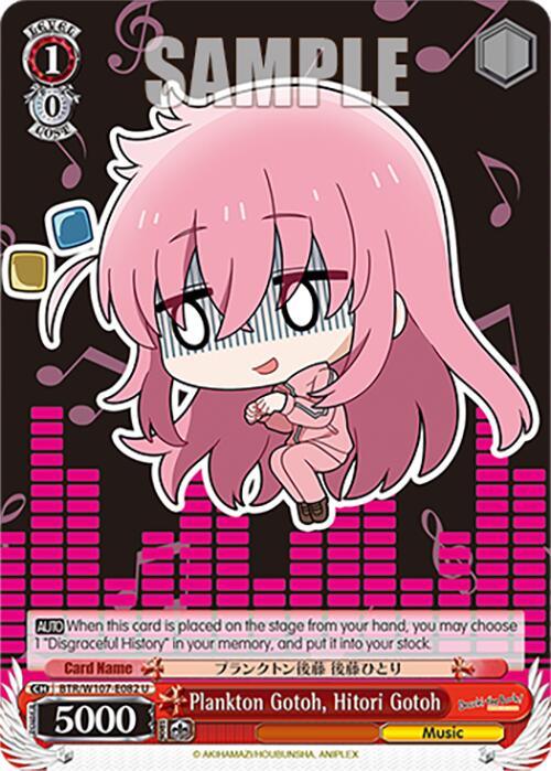 This Character Card showcases a chibi anime girl with long pink hair, dressed in pink and holding a guitar. Surrounded by musical notes and a graphic equalizer pattern, it's inspired by BOCCHI THE ROCK! The card includes stats like “5000” power and the name "Plankton Gotoh, Hitori Gotoh (BTR/W107-E082 U) [BOCCHI THE ROCK!]." Produced by Bushiroad.