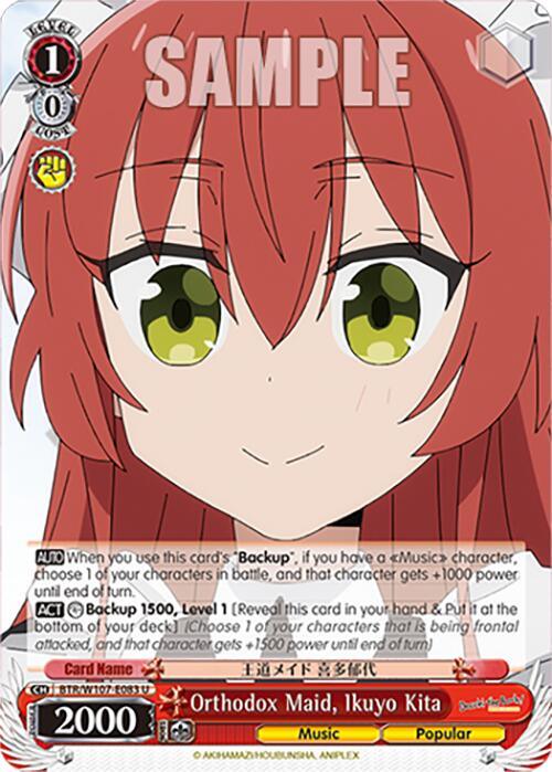 A trading card titled "Orthodox Maid, Ikuyo Kita (BTR/W107-E083 U) [BOCCHI THE ROCK!]" from the game "Weiß Schwarz". The uncommon character card by Bushiroad showcases an anime-style girl with long red hair and yellow-green eyes, wearing a maid outfit. With an orange border, the BOCCHI THE ROCK! card features game stats like level, power, effects in both English and Japanese.