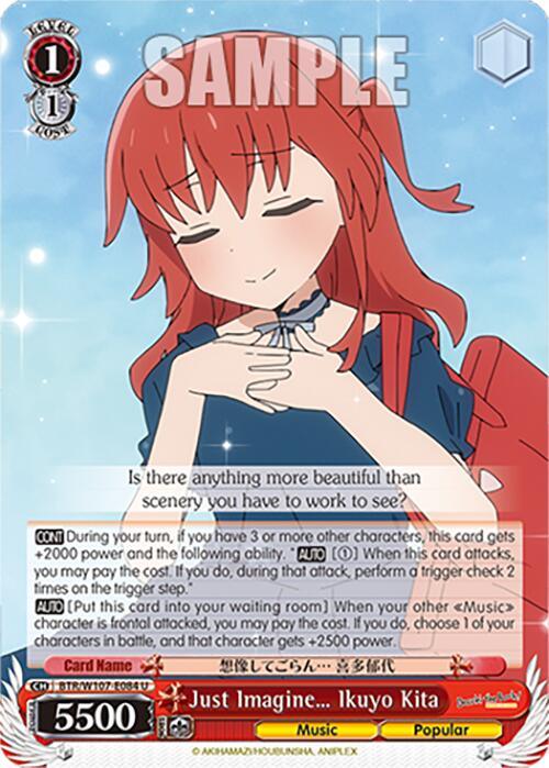 A card image featuring a red-haired girl in a blue dress with a serene expression, eyes closed, and hands clasped near her chest. This Uncommon Character Card highlights her Music Traits in the game "BOCCHI THE ROCK!" The top of the card says "SAMPLE," while the bottom displays her name, "Just Imagine Ikuyo Kita (BTR/W107-E084 U) [BOCCHI THE ROCK!] by Bushiroad," and card stats.