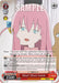 A trading card featuring What? Hitori Gotoh (BTR/W107-E085 U) [BOCCHI THE ROCK!] from Bushiroad with long pink hair and a blank facial expression. The character wears a light gray shirt with a red collar. Text and stats cover the bottom half of the card in this engaging card game, with icons in the top left and a "SAMPLE" watermark on the right.