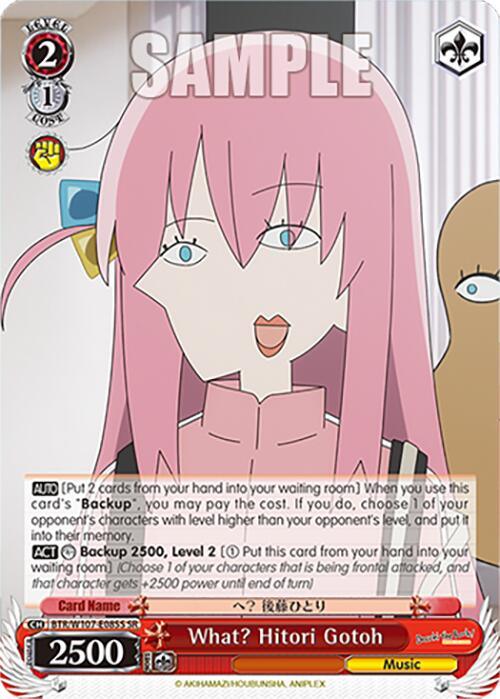 A **What? Hitori Gotoh (BTR/W107-E085S SR) [BOCCHI THE ROCK!]** trading card by **Bushiroad** showcases a character with pink hair, adorned with a hairpin and side-swept fringe. The character wears a matching pink top, while text details abilities and statistics. The card design includes various symbols and attributes.