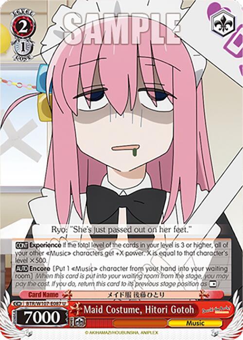 A trading card features Maid Costume, Hitori Gotoh (BTR/W107-E087 U) [BOCCHI THE ROCK!] from Bushiroad in a maid costume, with long pink hair and a blank expression. The uncommon card has red accents and text details, including stats like "7000" power. There's a "SAMPLE" watermark across the top.