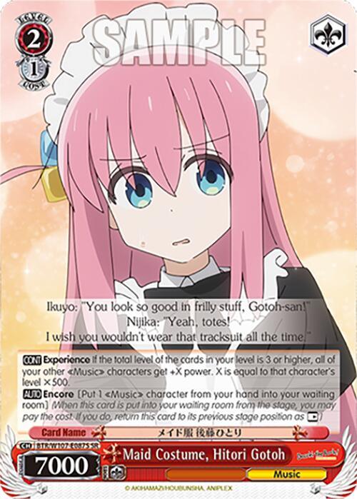A **Maid Costume, Hitori Gotoh (BTR/W107-E087S SR) [BOCCHI THE ROCK!]** card by **Bushiroad** from the game "Weiss Schwarz" featuring Hitori Gotoh from BOCCHI THE ROCK! in a maid costume. The card showcases Hitori with pink hair and blue eyes, wearing a white maid outfit with a black apron. It includes text dialogue and stats, such as "Level: 2," "Power: 7000," and "Soul: 1.