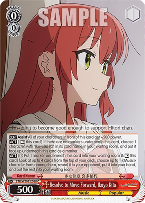 A trading card from the Bushiroad Weiss Schwarz series, featuring an anime character with long red hair and green eyes. The red card is titled "Resolve to Move Forward, Ikuyo Kita (BTR/W107-E088 C) [BOCCHI THE ROCK!]" from BOCCHI THE ROCK. She is shown looking to the side with determination and includes statistics and special abilities for gameplay.