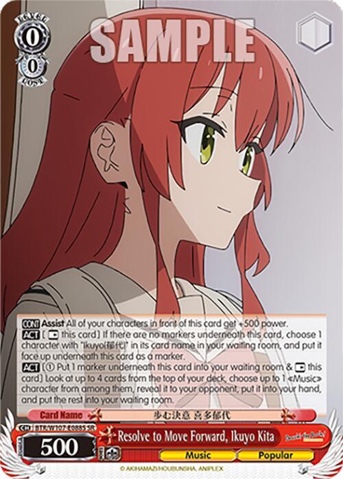 A trading card featuring the red-haired character "Resolve to Move Forward, Ikuyo Kita (BTR/W107-E088S SR) [BOCCHI THE ROCK!]" from the popular BOCCHI THE ROCK! series by Bushiroad. This super rare card showcases Kita with long hair, gold eyes, and a light pink shirt. Various stats and abilities are listed on the card, with "SAMPLE" overlaid at the top.