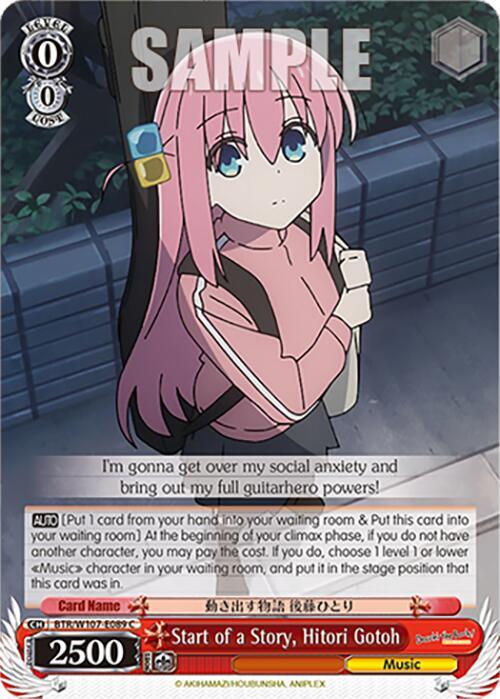An anime Character Card from "BOCCHI THE ROCK!" features a girl with long pink hair, dressed in a pink top over a black turtleneck and skirt, standing on a sidewalk. The card's text includes abilities, stats, and Music Traits. The background shows a stone wall and some plants. Text at the top reads "SAMPLE." The card is titled *Start of a Story, Hitori Gotoh (BTR/W107-E089 C)* [BOCCHI THE ROCK!], by Bushiroad.