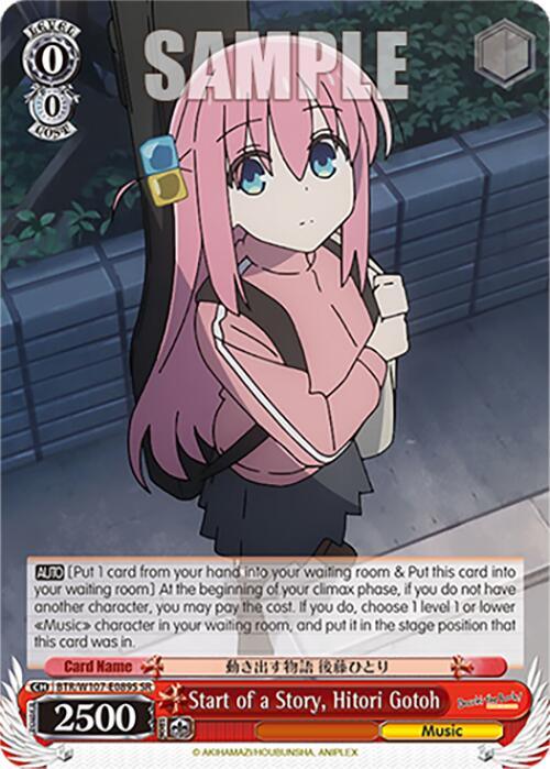 A Bushiroad Start of a Story, Hitori Gotoh (BTR/W107-E089S SR) [BOCCHI THE ROCK!] trading card featuring Hitori Gotoh from the anime "BOCCHI THE ROCK!". She has long pink hair, blue eyes, and wears a light pink jacket over a beige top. The card boasts various stats, abilities, and text descriptions. "SAMPLE" is watermarked across the top.