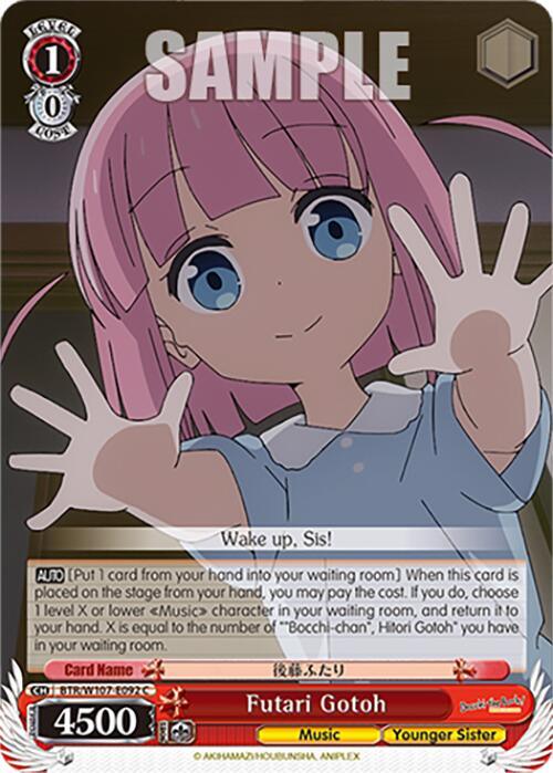 A trading card features an animated girl with pink hair and large blue eyes. She looks surprised, hands pressed against an invisible barrier. Text at the bottom reads *Futari Gotoh (BTR/W107-E092 C) [BOCCHI THE ROCK!]* from Bushiroad: "Wake up, Sis!", stats including "Level 1," "Power 4500," and "Music" and "Younger Sister." A "SAMPLE" watermark