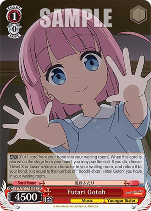 A Bushiroad anime trading card features a pink-haired character named Futari Gotoh (BTR/W107-E092S SR) [BOCCHI THE ROCK!] with blue eyes, dressed in a light pink outfit. She appears surprised, with her hands raised in front of her. The Super Rare card shows various stats and abilities at the bottom. The word "SAMPLE" is overlaid on the image.