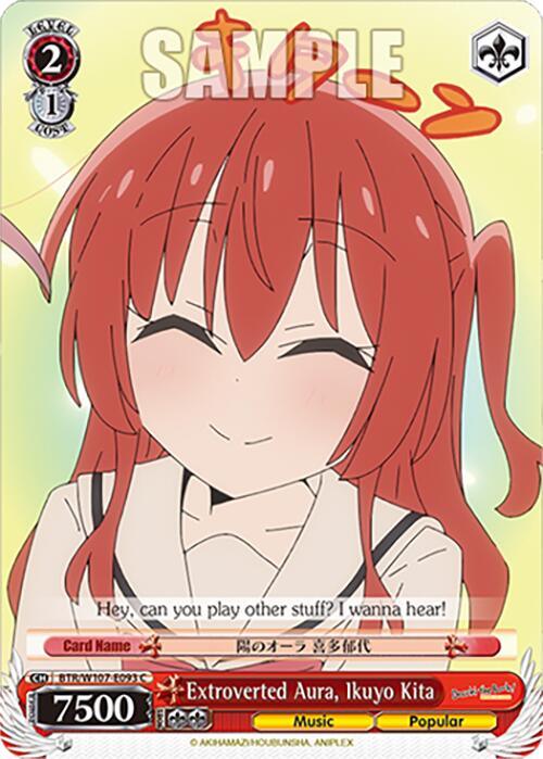 A Character Card from BOCCHI THE ROCK! features an anime girl with red hair tied in twin tails, smiling with closed eyes and blushing. She holds a guitar pick in her right hand and wears a white shirt. Text on the card reads, "Hey, can you play other stuff? I wanna hear!" The card name is "Extroverted Aura, Ikuyo Kita (BTR/W107-E093 C) [BOCCHI THE ROCK!]" by Bushiroad.
