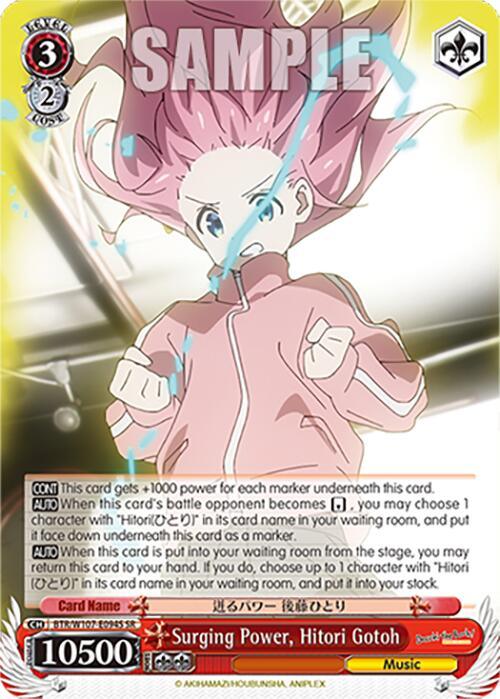 A super rare trading card featuring an anime character with long pink hair, wearing a white jacket over a blue shirt. In a dynamic pose with energetic lines around her, the card titled "Surging Power, Hitori Gotoh (BTR/W107-E094S SR) [BOCCHI THE ROCK!]" from Bushiroad boasts attributes like a power level of 10500.