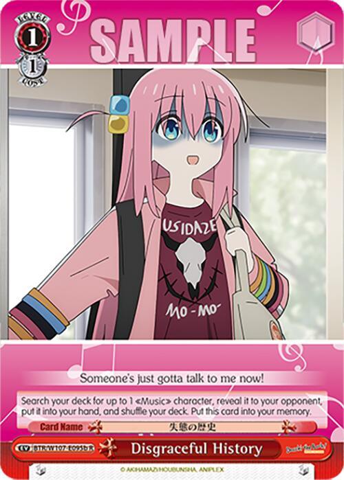 A digital card game featuring an anime character with long pink hair, blue eyes, wearing a black T-shirt with the text "KUSO TARE" and a multi-colored sleeve jacket. The card, titled "Disgraceful History (BTR/W107-E095b R) [BOCCHI THE ROCK!]" from Bushiroad, resembles a BOCCHI THE ROCK music character and includes gameplay text for searching and shuffling the deck.