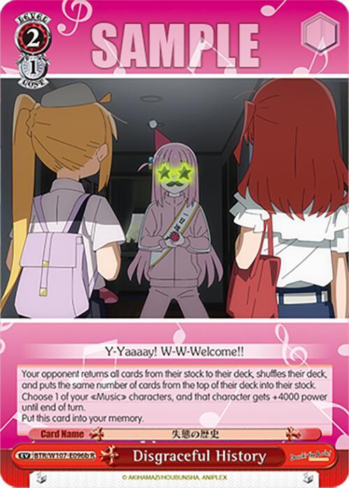 A trading card titled "Disgraceful History (BTR/W107-E096b R) [BOCCHI THE ROCK!]" by Bushiroad shows an anime scene, featuring a music character boost. A girl with purple hair, green star eyes, arms raised, shouts "Y-Yaaaay! W-W-Welcome!!" Two girls, one with blonde hair and another with red hair, face her. This BOCCHI THE ROCK! card includes gameplay text and stats.