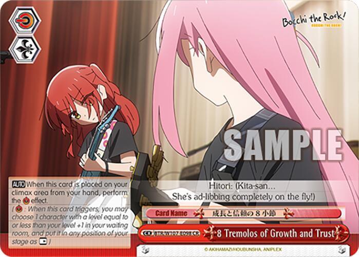 A screenshot from the anime BOCCHI THE ROCK! shows two characters. One, with long pink hair, glances back at the other character, a red-haired girl holding papers and appearing focused. Dialogue and card game elements are overlaid, with text reading "Hitori: (Kita-san... She's ad-libbing completely on the fly!)" The word "SAMPLE" is prominently displayed. The product shown is 8 Tremolos of Growth and Trust (BTR/W107-E098 CR) [BOCCHI THE ROCK!] by Bushiroad.
