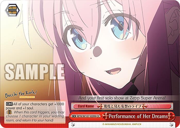 A trading card features an anime character with long pink hair and big blue eyes, smiling. The card has "SAMPLE" text in large white letters. Below the character, there's text: "And your first solo show at Zepp Super Arena!" and "Performance of Her Dreams." This is a Performance of Her Dreams (BTR/W107-E099 CC) [BOCCHI THE ROCK!] edition by Bushiroad.