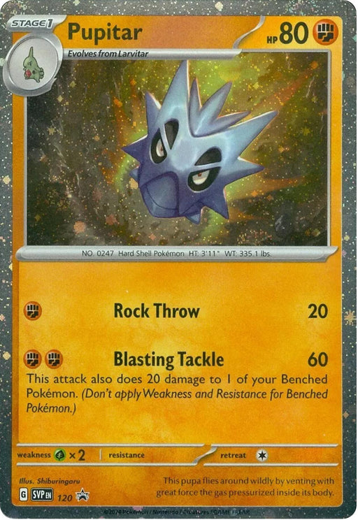 A Pokémon card featuring Pupitar (120) [Scarlet & Violet: Black Star Promos] from Pokémon. The card is orange with a silver star holographic pattern. Pupitar, a grey shell-like Fighting Pokémon, is depicted at the center. It has 80 HP and two attacks: Rock Throw (20 damage) and Blasting Tackle (60 damage). The card's number is 047/123.