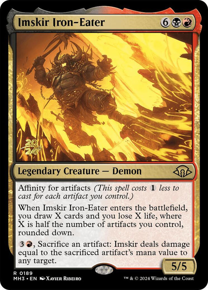 The image shows a Magic: The Gathering card titled "Imskir Iron-Eater [Modern Horizons 3 Prerelese Promos]," featured in Modern Horizons 3. It is a Legendary Creature Demon with a mana cost of 6 colorless, 1 black, and 1 red. Boasting 5 power and toughness, its three abilities affect casting cost, life loss, and damage dealing.