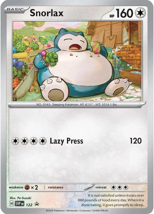 A Snorlax (122) [Scarlet & Violet: Black Star Promos] card from the Pokémon series showing Snorlax resting contentedly in a meadow. This Colorless type card has 160 HP and the move "Lazy Press" with an attack power of 120. The background depicts an idyllic outdoor scene with trees and flowers, perfect for any Scarlet & Violet collection.