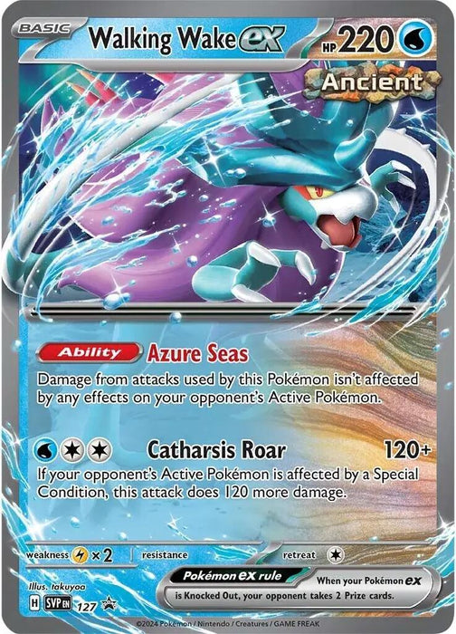 A Pokémon trading card featuring Walking Wake ex (127) [Scarlet & Violet: Black Star Promos] with 220 HP, a water type, categorized as 'Ancient'. Part of the Scarlet & Violet series, the card showcases Azure Seas ability and Catharsis Roar attack, dealing 120+ damage. The art depicts a powerful, mythical, blue and purple water-breathing creature.