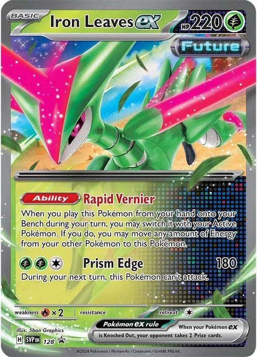A colorful Pokémon card from the Scarlet & Violet series features Iron Leaves ex (128) [Scarlet & Violet: Black Star Promos]. This green, leaf-like Grass Pokémon with pink and yellow accents is shown in an action pose. As part of the Black Star Promos, the card details its abilities, "Rapid Vernier" and "Prism Edge," along with its HP of 220 and other gameplay information.