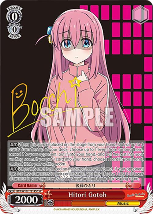 This Bushiroad Hitori Gotoh (BTR/W107-TE14S SP) [BOCCHI THE ROCK!] trading card showcases a pink-haired anime character from BOCCHI THE ROCK!, holding a strand of her long hair with her right hand. She wears a pink sweater over a blue shirt. The background is divided into black and magenta squares on the right and a solid red color on the left, with text and game statistics overlaid.