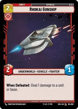 A trading card from the "Shadows of the Galaxy" set featuring the "Rhokai Gunship (164/262) [Shadows of the Galaxy]," a unit in the space category. Costing 2, with a power of 2 and defense of 1, it displays a spaceship in space. Text at the bottom reads: "When Defeated: Deal 1 damage to a unit or base." Release date: 202 by Fantasy Flight Games.