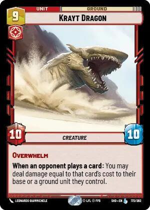 A legendary trading card titled "Krayt Dragon (172/262) [Shadows of the Galaxy]" from Fantasy Flight Games, featuring a roaring dragon in a desert setting. It boasts a power value of 9 with 10 attack and 10 defense points. Text: "OVERWHELM. When an opponent plays a card, deal damage equal to that card’s cost to their base or ground unit.