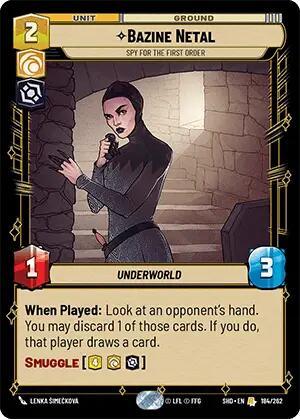 A Star Wars: Destiny game card featuring the legendary character Bazine Netal. The card displays her stats: a cost of 2, 1 attack power, and 3 health. The text reads, "When Played: Look at an opponent’s hand. You may discard 1 of those cards. If you do, that player draws a card." The card art depicts Bazine in a Bazine Netal - Spy for the First Order (184/262) [Shadows of the Galaxy] from Fantasy Flight Games.