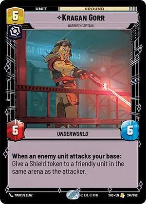 This rare trading card from Fantasy Flight Games' "Shadows of the Galaxy" series features Kragan Gar - Warbird Captain (241/262). As a warrior captain, he is depicted aiming a gun, with stats of 6 cost, 6 attack, and 6 health. His unique ability grants a Shield token to a friendly unit when an enemy unit attacks your base.