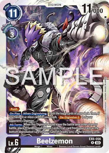 The Digimon card "Beelzemon [EX6-056] [Infernal Ascension]" showcases Beelzemon with a purple winged helmet, a menacing look, and features a mechanical arm and cannon. It has stats of Play 11, DP 11,000, Level 6, and includes Infernal Ascension abilities in its detailed text box.