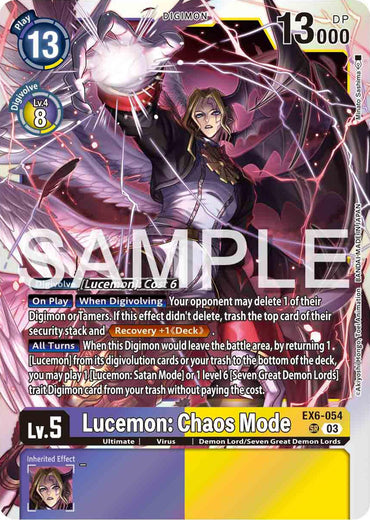 A Digimon Super Rare trading card featuring "Lucemon: Chaos Mode [EX6-054] [Infernal Ascension]" with a play cost of 13 and 13,000 DP. The card boasts various detailed effects and abilities. Lucemon is depicted as a demonic figure with long hair, wings, and glowing eyes, exuding dark, fiery energy in its Infernal Ascension form.