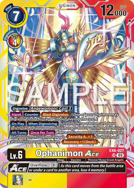 A Digimon card featuring the Super Rare Ophanimon ACE [EX6-027] [Infernal Ascension]: Level 6, yellow border, Play Cost 7, Digivolve cost 4, DP 12,000. The card has various abilities and effects written in English. The illustration depicts Ophanimon with armor, a spear, and wings in a dynamic pose. "SAMPLE" is overlaid diagonally across the image.
