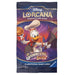 A Disney Lorcana: Shimmering Skies Booster Pack showcases an illustration of Donald Duck dressed as a chef, holding a pie in one hand and a whisk in the other, set against a mystical landscape. The pack, sealed in a blue wrapper, contains 12 additional game cards.