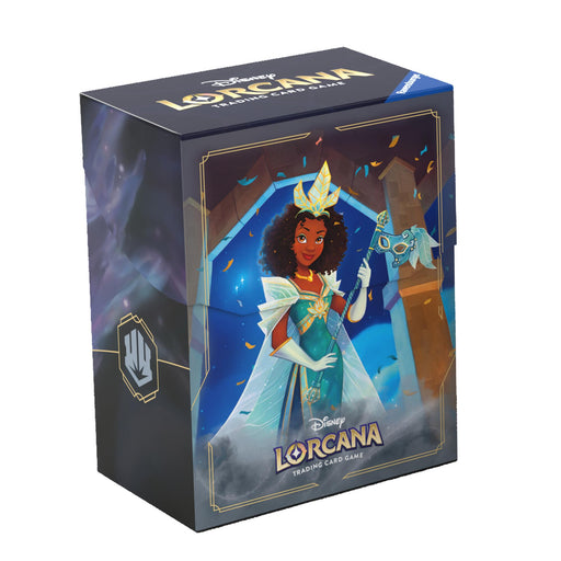 A sealed Disney Lorcana: Deck Box (Tiana - Celebrating Princess) features an illustration of a woman with brown curly hair, wearing a white and green dress with a crown, standing in front of archways and holding a scepter. The box has dark blue and gold accents, includes deck box accessories, and showcases the Lorcana logo in the center.