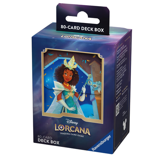 The Disney Lorcana: Deck Box (Tiana - Celebrating Princess), sealed for freshness, showcases a colorful illustration of Princess Tiana with dark curly hair and an elaborate white and blue dress, standing against a magical, star-lit background. The box is primarily dark blue with purple and gold accents, displaying the Disney Lorcana and Ravensburger logos.