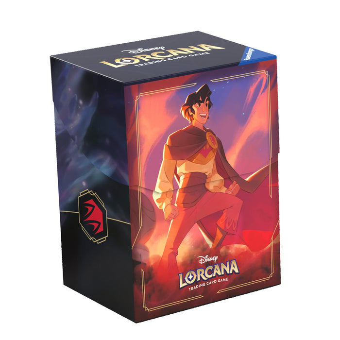 Image of a Disney Lorcana: Deck Box (Aladdin - Heroic Outlaw) featuring a colorful illustration of a cheerful Aladdin in a heroic pose. The character wears a red tunic with a sash and stands against a fiery backdrop. The deck box, perfect for storing accessories and sleeved cards, displays Disney Lorcana's logo and artwork on the sides and front.