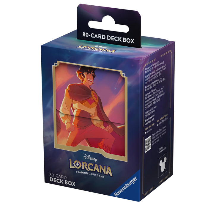 Introducing the Disney Lorcana: Deck Box (Aladdin - Heroic Outlaw) by Disney. This 80-card deck box showcases an illustration of Aladdin wearing a striking red and orange outfit with a cape, set against a captivating gradient background of blue and purple tones. The packaging is designed to securely hold your sleeved cards and comes with a convenient hanging tab at the top.