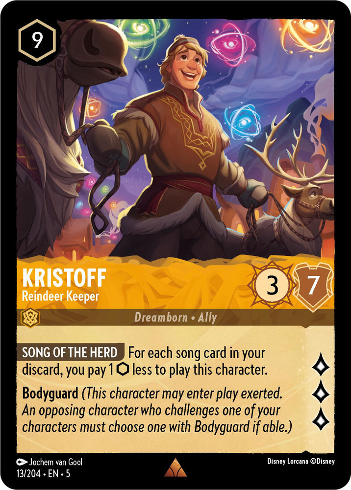 A Disney trading card titled "Kristoff - Reindeer Keeper (13/204) [Shimmering Skies]" features Kristoff joyfully standing with Sven the reindeer under shimmering skies. The card has a cost of 9, an attack value of 3, and a defense value of 7. Its abilities include "Song of the Herd" and "Bodyguard," and it is classified as "Dreamborn.