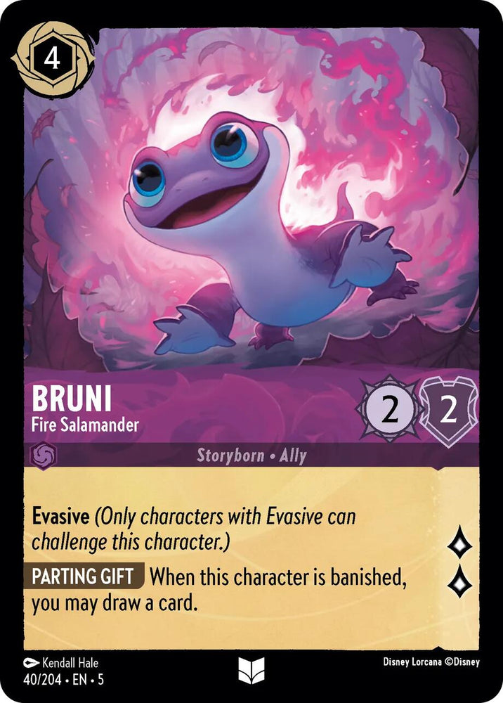 A Disney Lorcana trading card named Bruni - Fire Salamander (40/204) from the Shimmering Skies series, depicting a purple and white fire salamander. The card costs 4 ink, has 2 strength and 2 willpower. It features Evasive and Parting Gift abilities, allowing you to draw a card when Bruni is banished. Illustrated by Kendall Hale.